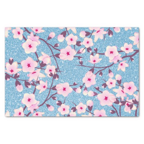 Floral Cherry Blossoms Blue Glitter Tissue Paper