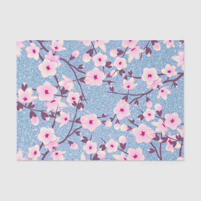 Floral Cherry Blossoms Blue Glitter Tissue Paper (Front)