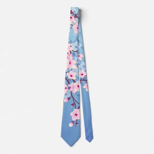 Floral Cherry Blossoms Blue Pink Neck Tie
