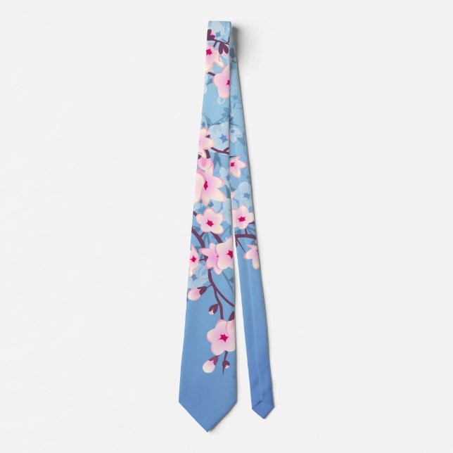 Floral Cherry Blossoms Blue Pink Neck Tie (Front)