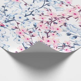 Floral Cherry Blossoms Blue Pink Wrapping Paper