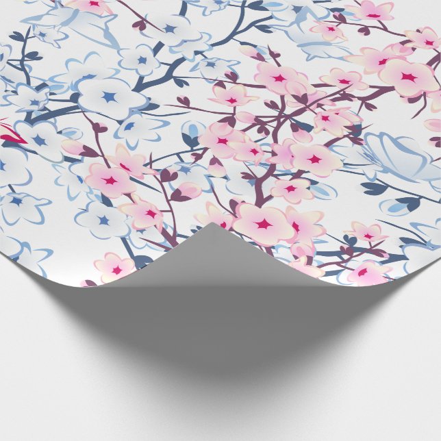 Floral Cherry Blossoms  Blue Pink Wrapping Paper (Corner)