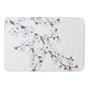 Floral Cherry Blossoms Blue White Bath Mat