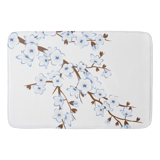 Floral Cherry Blossoms Blue White Bath Mat (Front)