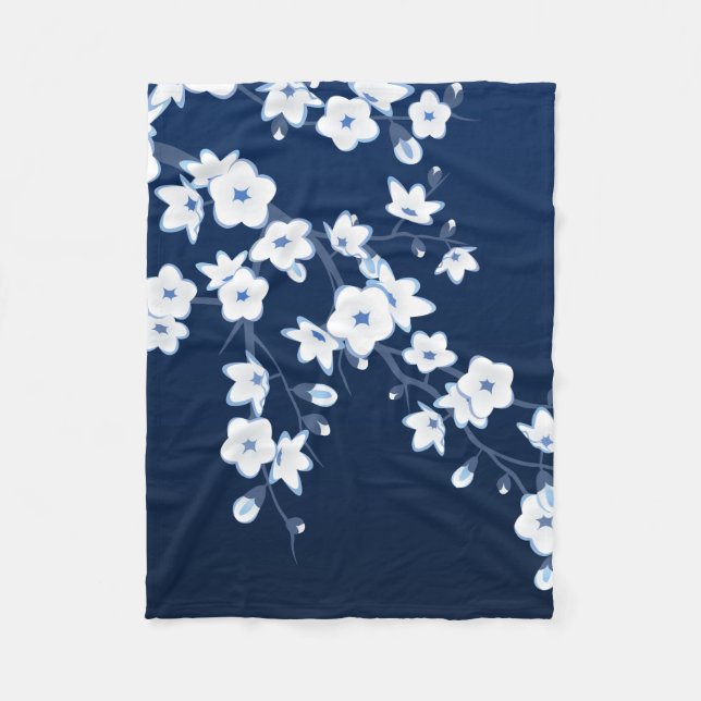 Floral Cherry Blossoms Blue White Fleece Blanket (Front)
