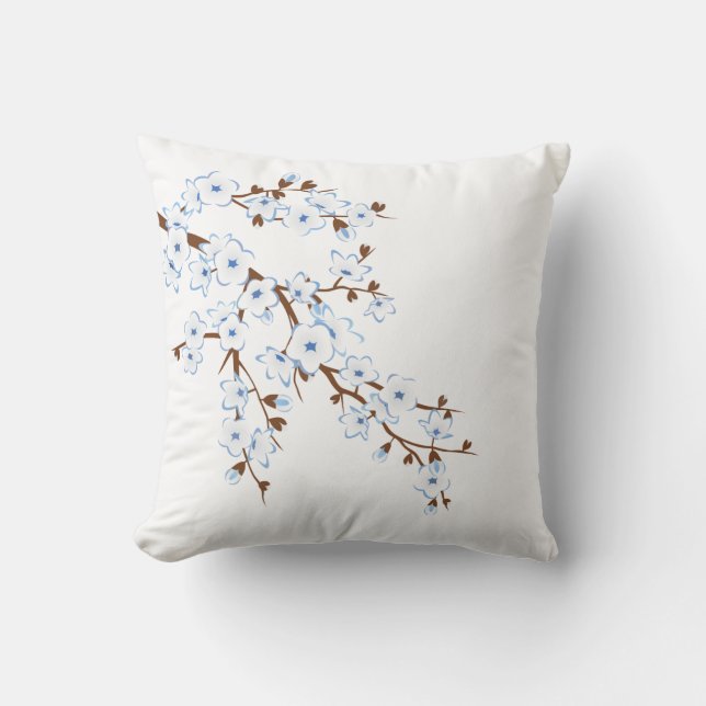 Floral Cherry Blossoms Blue White Throw Pillow (Front)
