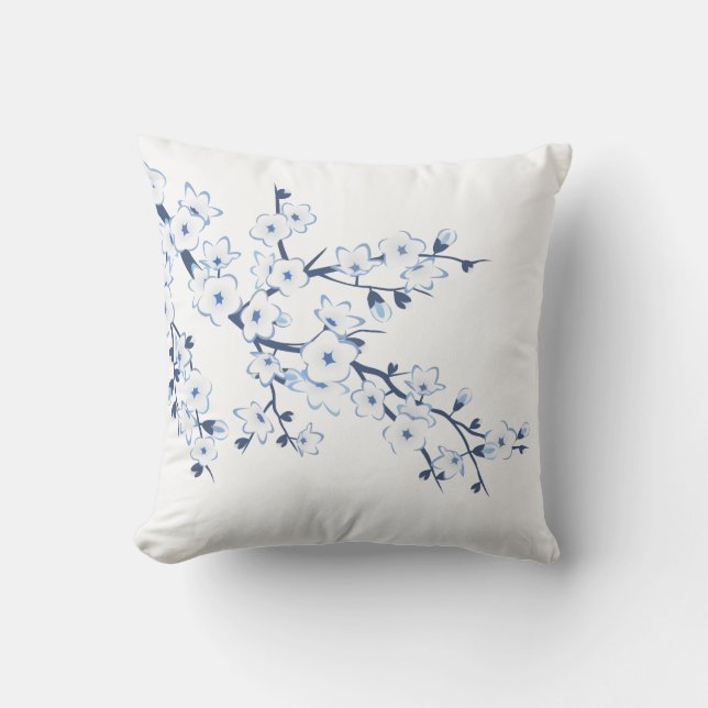 Floral Cherry Blossoms Blue White Throw Pillow (Front)