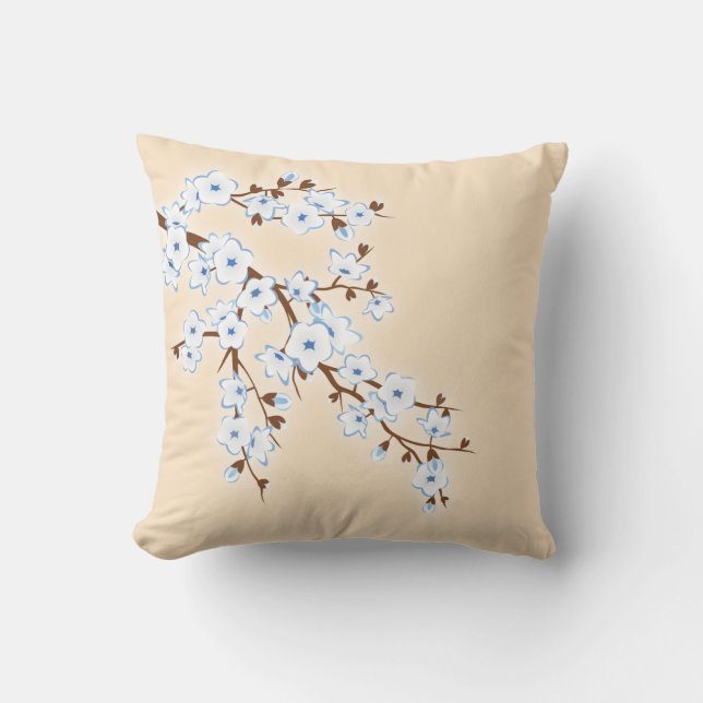 Floral Cherry Blossoms Blue White Throw Pillow (Front)