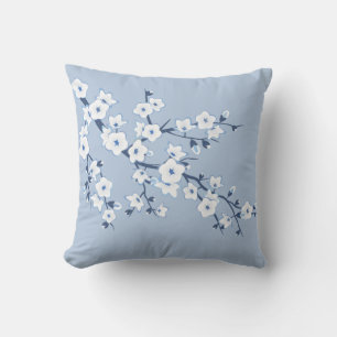 Floral Cherry Blossoms Blue White Throw Pillow