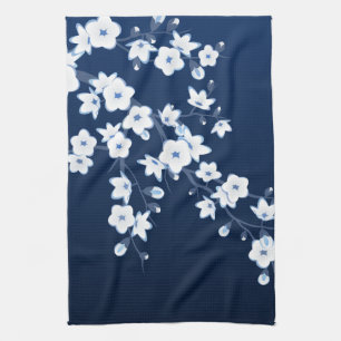 Floral Cherry Blossoms Blue White Towel