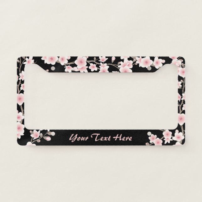 Floral Cherry Blossoms  Blush Pink Black License Plate Frame (Front)
