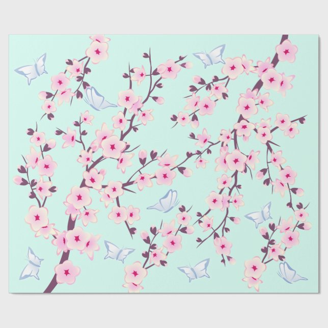 Floral Cherry Blossoms Butterflies Mint Pattern Wr Wrapping Paper (Flat)