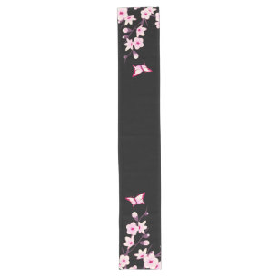 Floral Cherry Blossoms Butterflies Pink Black Long Table Runner