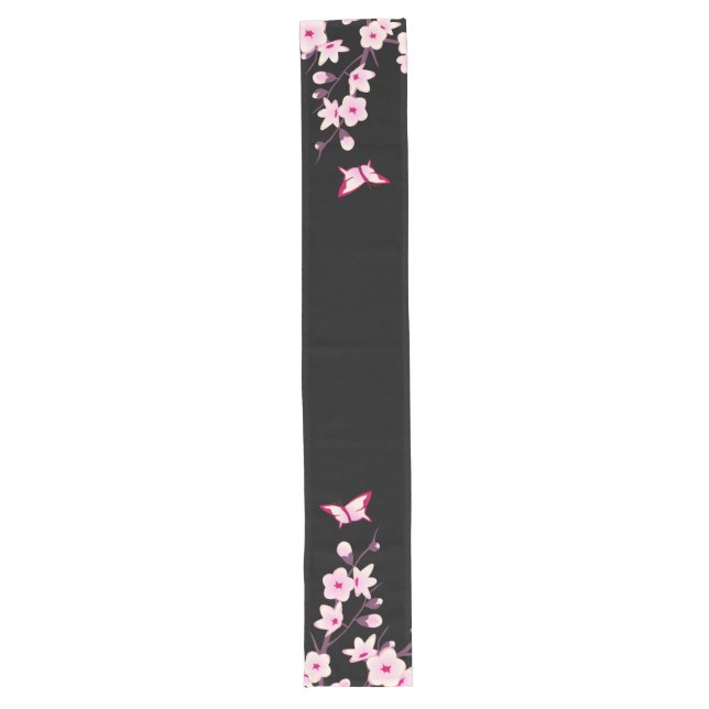 Floral Cherry Blossoms Butterflies Pink Black Long Table Runner (Front)