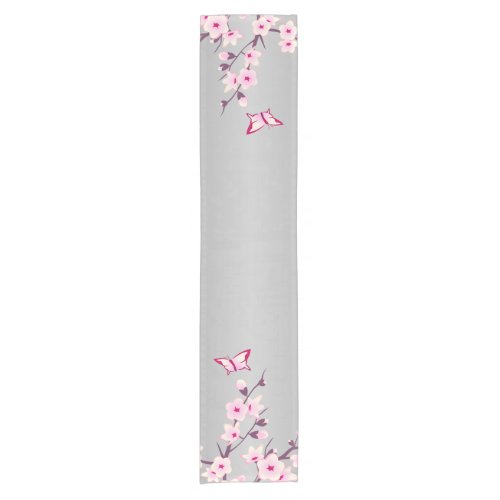 Floral Cherry Blossoms Butterflies Pink Gray Short Table Runner