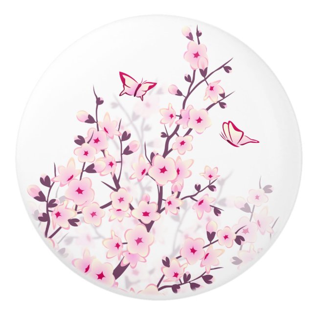 Floral Cherry Blossoms Butterflies Pink White Ceramic Knob (Front)