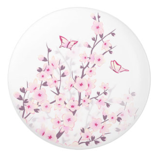Floral Cherry Blossoms Butterflies Pink White Ceramic Knob