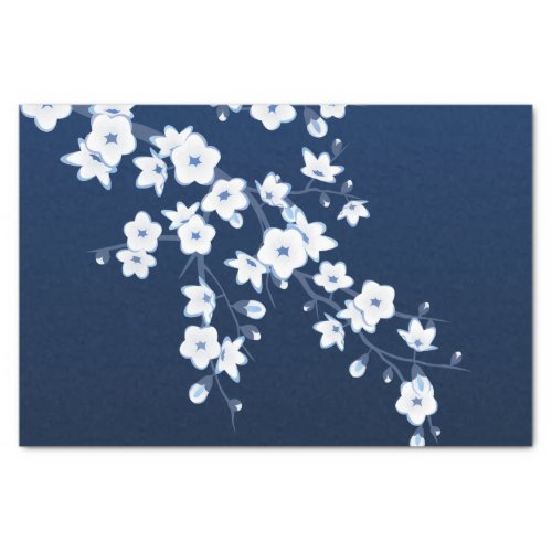 Floral Cherry Blossoms Dark Blue White Tissue Paper