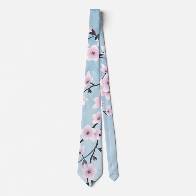 Floral Cherry Blossoms Dusky Pink Pale Blue Neck Tie (Front)