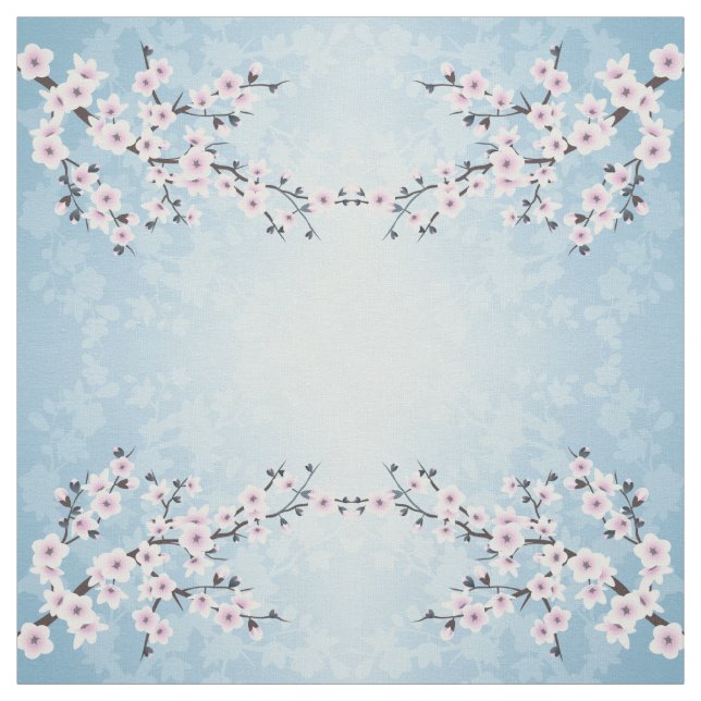 Floral Cherry Blossoms Dusky Pink Pale Blue Patter Fabric (Swatch)