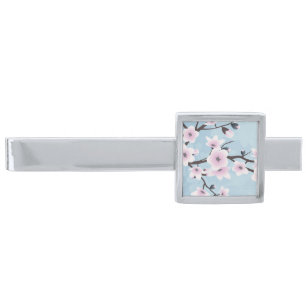 Floral Cherry Blossoms Dusky Pink Pale Blue Silver Finish Tie Bar