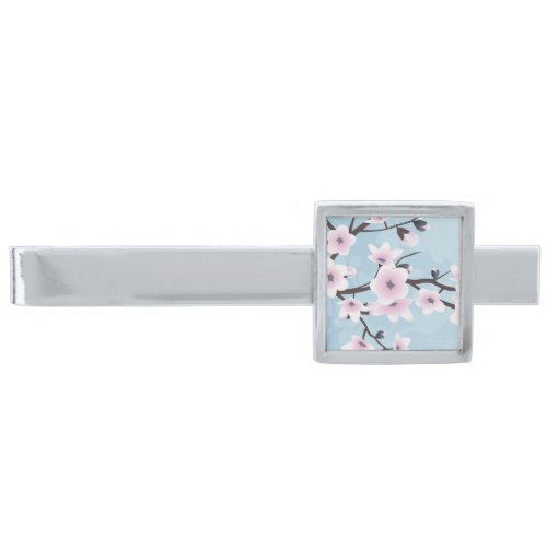 Floral Cherry Blossoms Dusky Pink Pale Blue Silver Finish Tie Bar