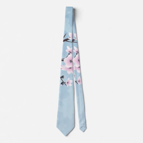Floral Cherry Blossoms Dusky Pink Pale Blue Tie