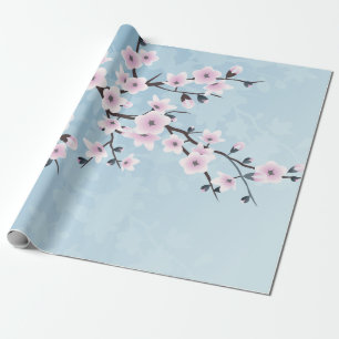 Floral Cherry Blossoms Dusty Pink Pale Blue Wrapping Paper