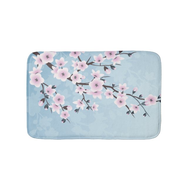 Floral Cherry Blossoms Dusty Pink Sky Blue Bath Mat (Front)