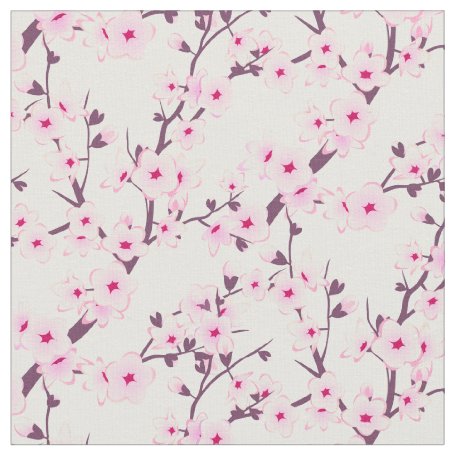 Floral Cherry Blossoms Pink Sky Blue Fabric 