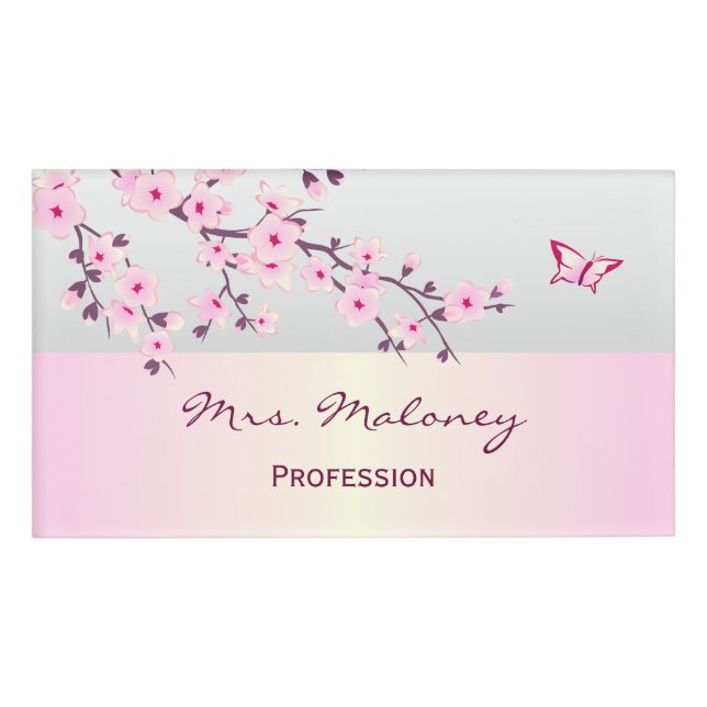 Floral Cherry Blossoms Gray Pink Name Tag (Front)