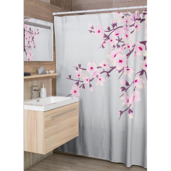 Floral Cherry Blossoms Gray Pink Shower Curtain by NinaBaydur at Zazzle