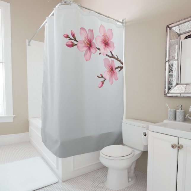 Floral Cherry Blossoms Gray Pink Shower Curtain (In Situ)