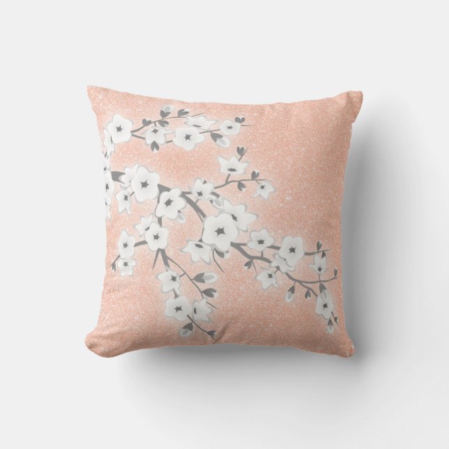 Floral Cherry Blossoms Gray Rose Gold Throw Pillow (Front)