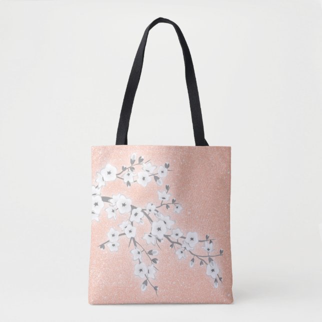 Floral Cherry Blossoms Gray Rose Gold Tote Bag (Front)