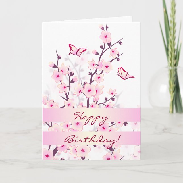 Floral Cherry Blossoms Happy Birthday Card (Front)