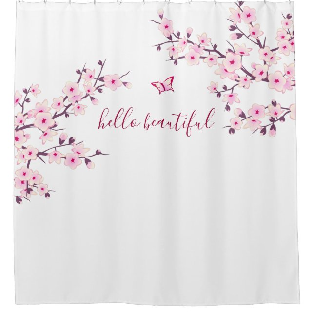 Floral Cherry Blossoms Hello Beautiful Text Shower Curtain (Front)