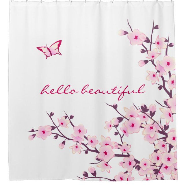 Floral Cherry Blossoms Hello Beautiful Text Shower Curtain (Front)