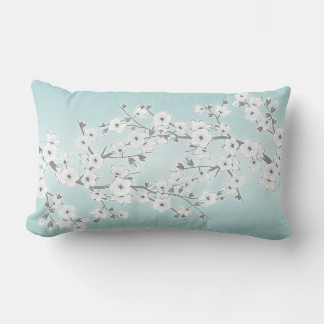 Floral Cherry Blossoms Mint White Lumbar Pillow (Front)