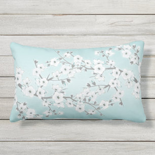 Floral Cherry Blossoms Mint White Lumbar Pillow