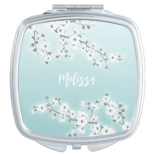 Floral Cherry Blossoms Mint White Vanity Mirror