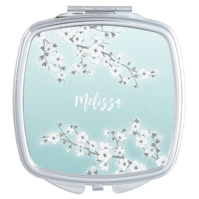 Floral Cherry Blossoms Mint White Vanity Mirror (Front)