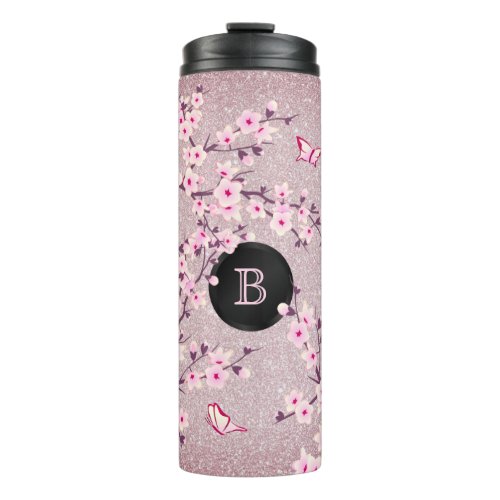 Floral Cherry Blossoms Monogram Mauve Glitter Thermal Tumbler