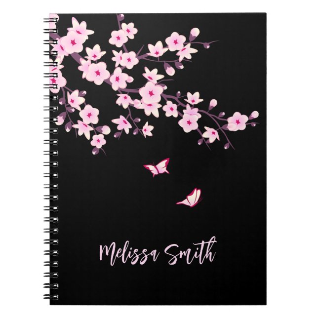 Floral Cherry Blossoms Monogram Pink Black Notebook (Front)