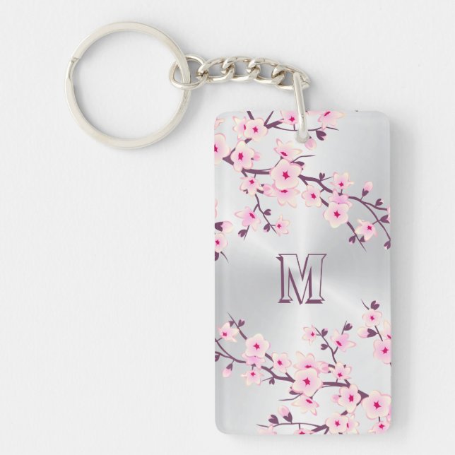 Floral Cherry Blossoms Monogram Pink Silver Keychain (Front)