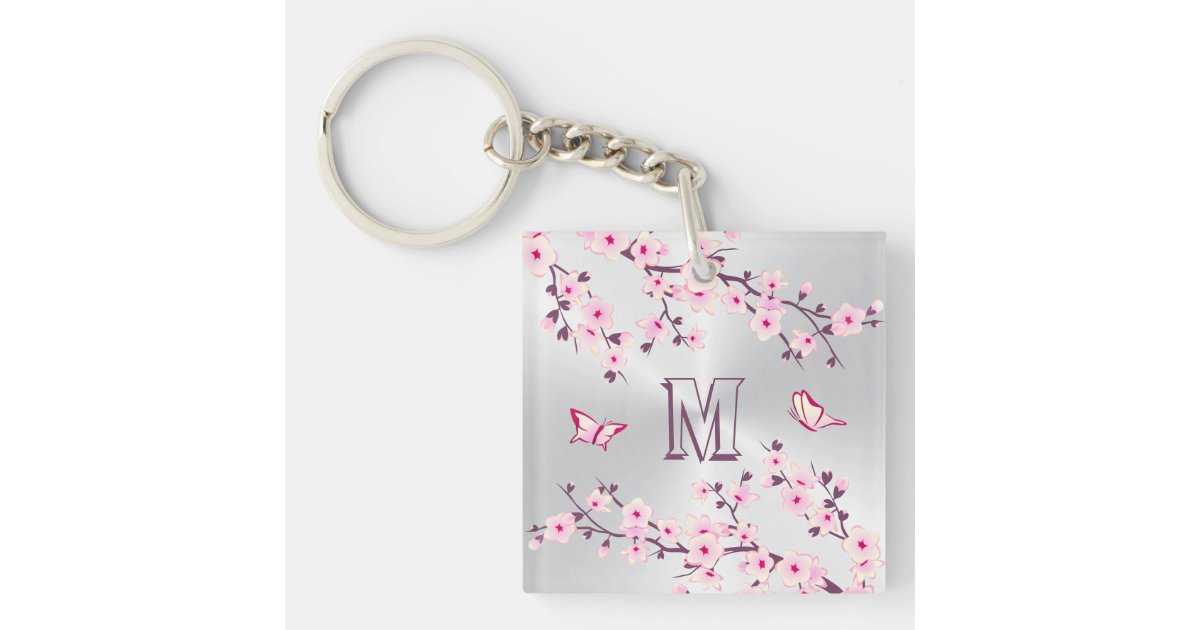 Pink pastel cherry florals monogram keychain