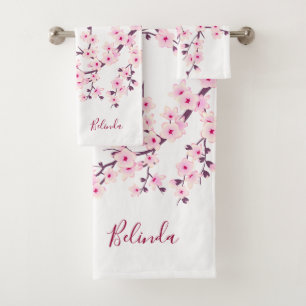 Floral Cherry Blossoms Monogram Pink White Bath Towel Set