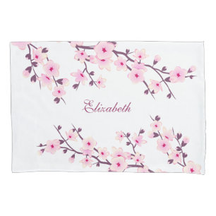 Floral Cherry Blossoms Monogram Pink White Pillow  Case