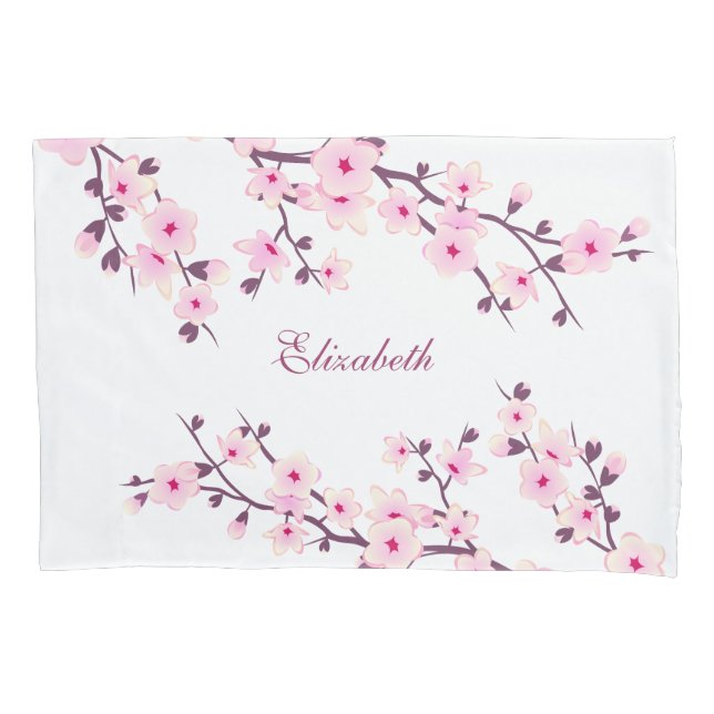 Floral Cherry Blossoms Monogram Pink White Pillow  Case (Front)