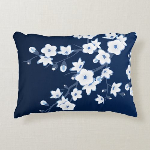 Floral Cherry Blossoms Navy Blue White Decorative Pillow